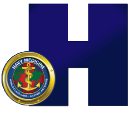 Blue H Logo. A large Blue H with a Navy Medicine seal on top of the H